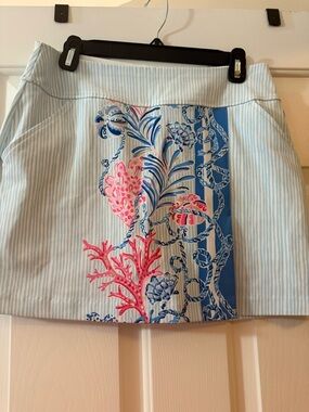 Light Blue Striped Skort with Coral Print